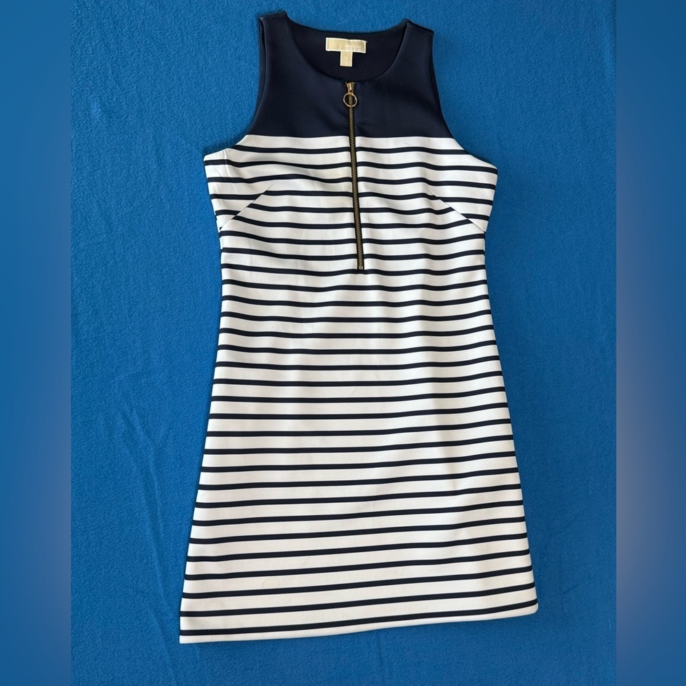 Michael Kors Norwood Striped Front-Zip Scuba Sheath Dress in New Navy Sz‎ 10